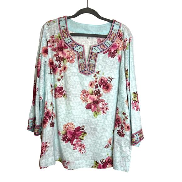 John Mark Plus Tops - John Mark Womens 1X Blue Linen Floral Embroidered Beaded V Neck Tunic NWT